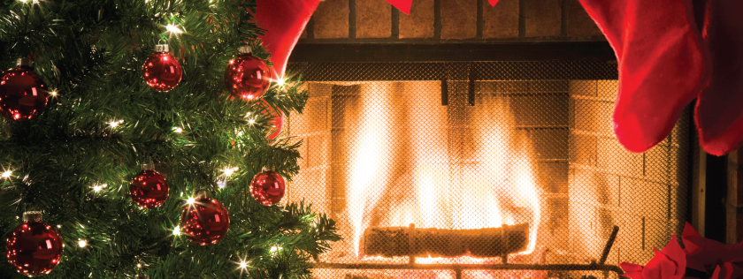 Christmas tree in front of log fire