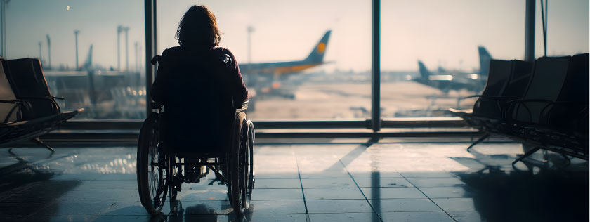 Person in wheelchair struggling with understanding their air travel rights.