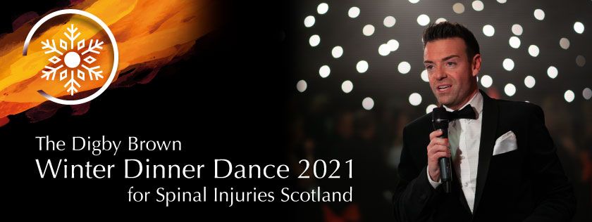 Des Clark hosting the 2021 Winter Dinner Dance alongside a snowflake with orange colours behind.