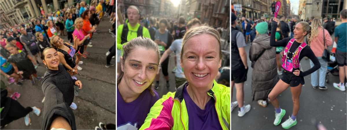 Three pictures of runners at the start line of the Great Scottish Run