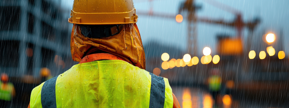 A construction worker looking out onto the building site - rain is coming down heavily