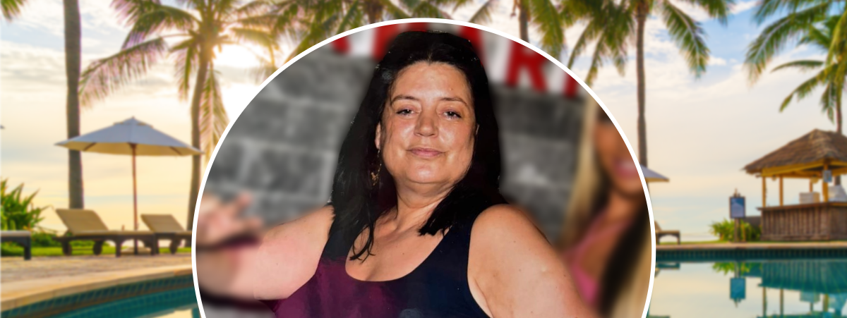 The image shows a woman with dark brown hair wearing a black tank top, this is overlayed on a blurred image of a hotel pool with sun loungers and palm trees.