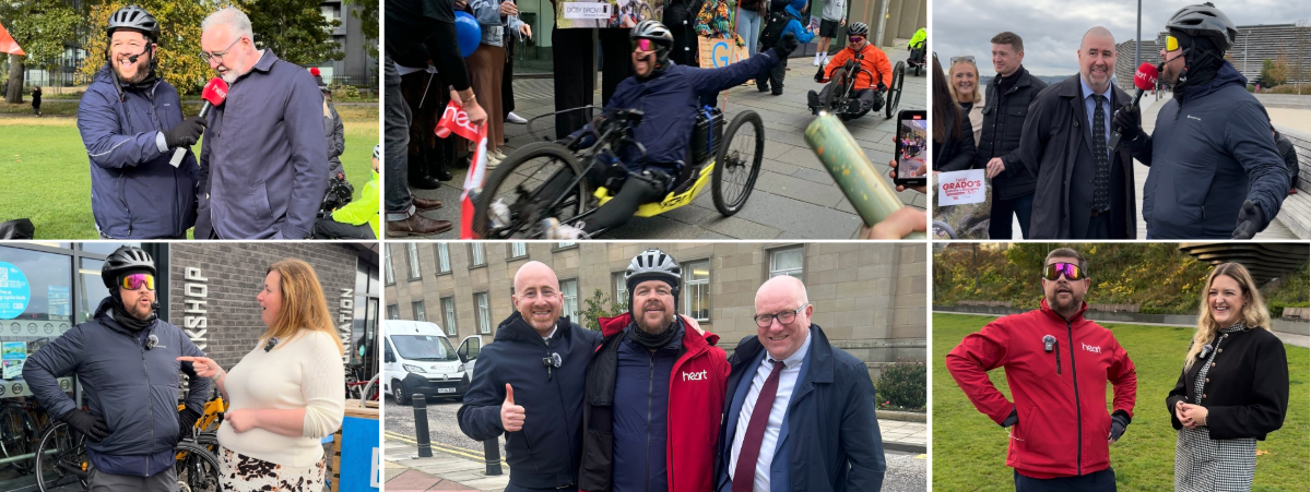 Digby Brown staff pictured with Grado across Scotland on various stops of his handcycle challenge