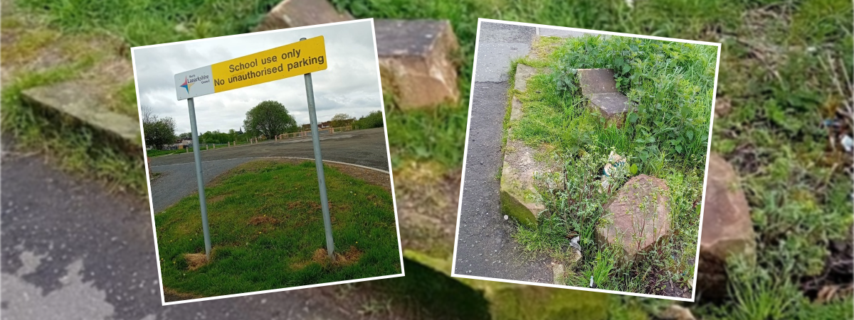 Image shows large stones/boulders left on the edge of a pavement following the demolition of a wall.