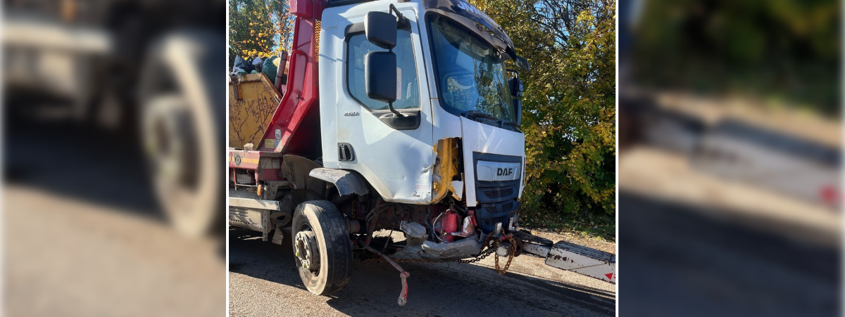 Image shows the damage to Andrew's lorry following his road traffic accident
