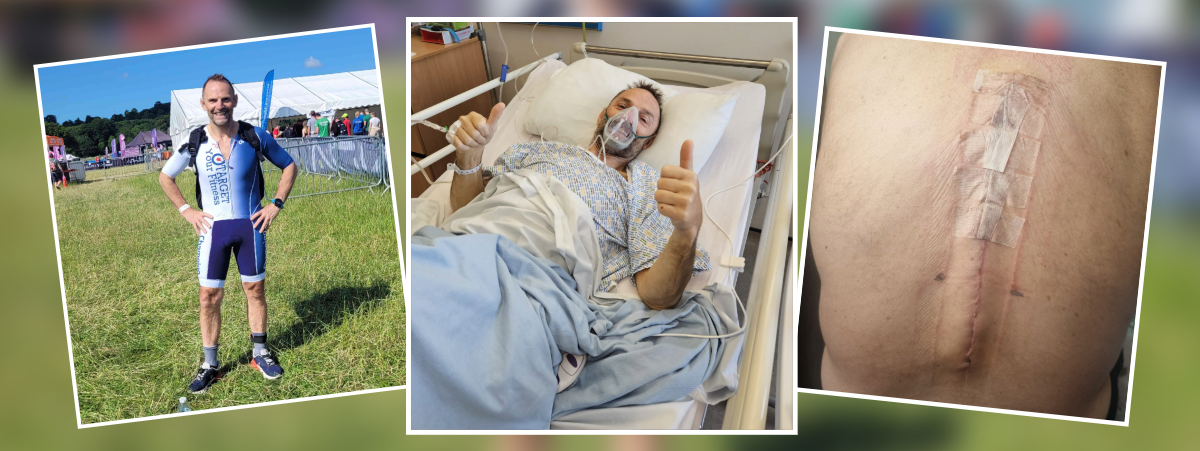 Roger shown on the left at a triathlon event pre accident, shown in the middle in hospital after his accident smiling wearing a ventilator, his spine is shown on the right with a lengthy scar