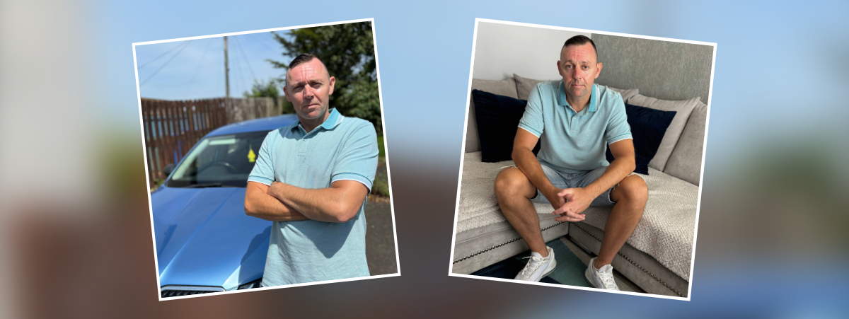 Scott Troy pictured standing next to his blue car then pictured sitting on his couch looking into camera.