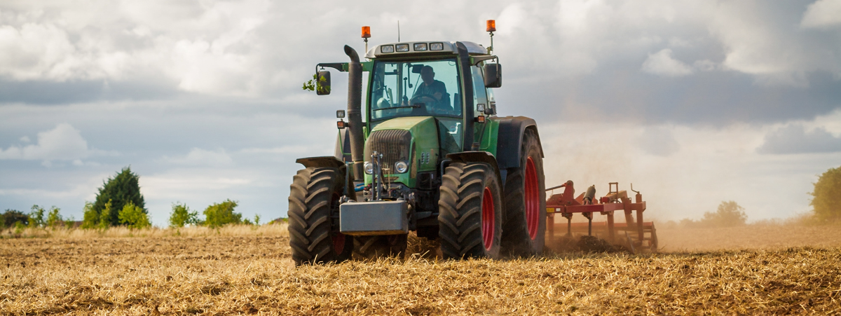 A green tractor is pictured on a farm