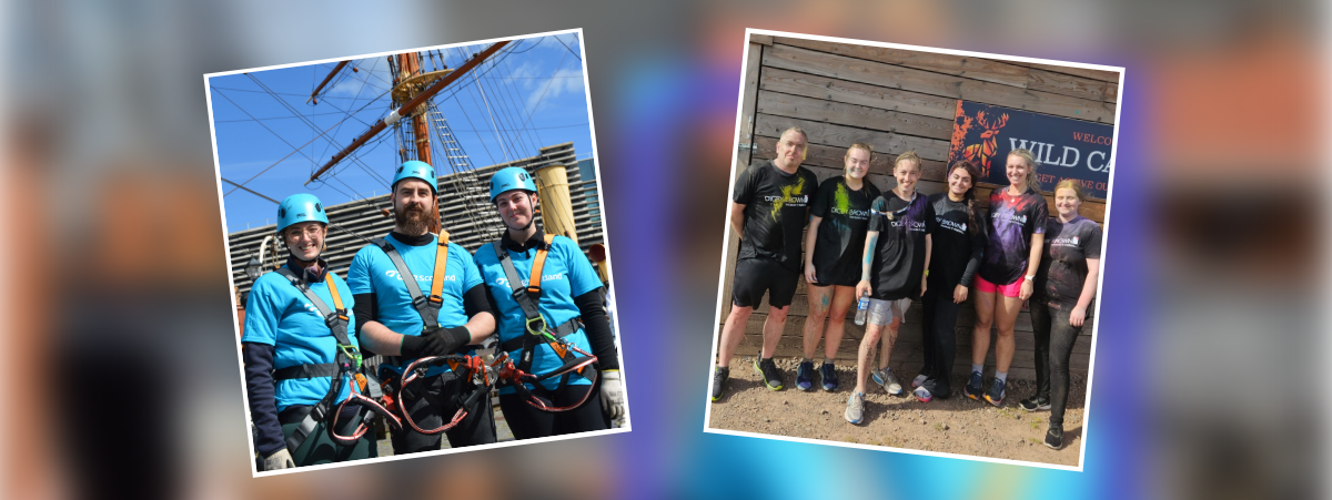 Digby Brown staff pictured on the left at the Dundee Mast Climb and on the right at the Rainbow Obstacle Run
