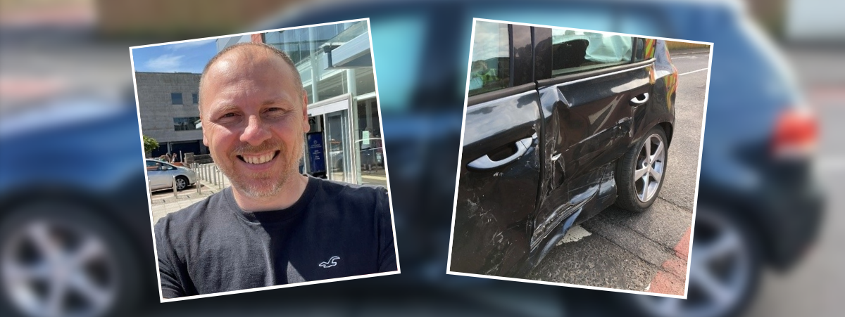 David pictured on the left and his car, smashed from the impact of the crash, pictured on the right