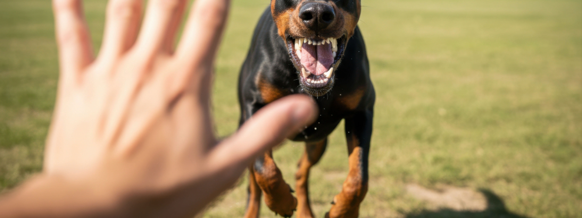 A dog is pictured barking and approaching someone's hand.