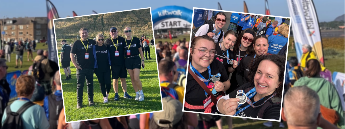 Edinburgh Kiltwalk - left image shows Kirkcaldy staff standing together and right image shows Edinburgh staff standing together at the finish line holding their medals and smiling