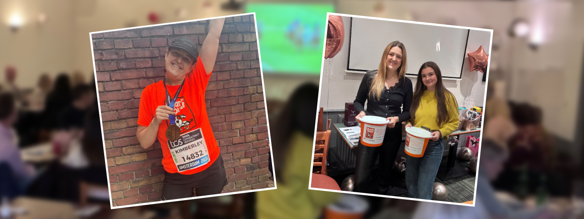 Image on right shows two Aberdeen staff shown holding fundraising buckets for Charlie House, image on left shows Kimberley from our Aberdeen office holding her medal and smiling after completing the Amsterdam Marathon