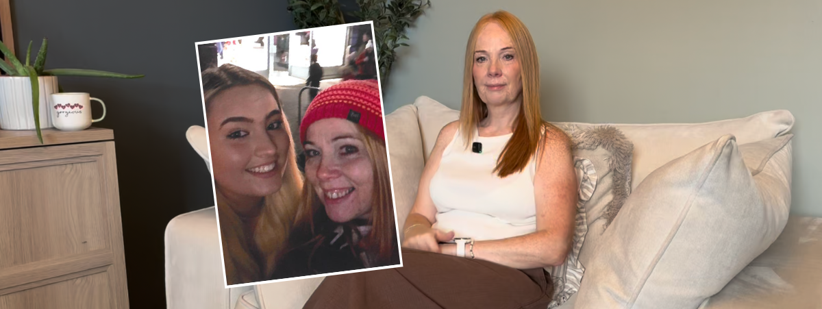 Wendy Ghekis pictures sitting on a white couch. A picture of her with her daughter, Becca, is overlayed on the left.