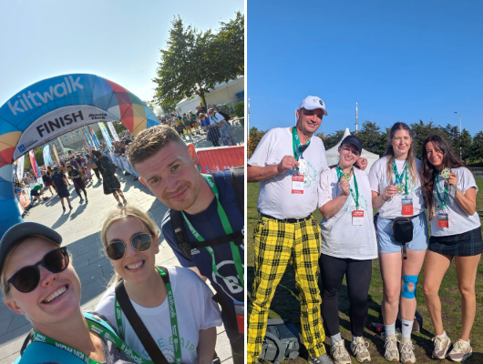 Dundee staff at the finish line of the 2025 Dundee Kiltwalk holding their medals