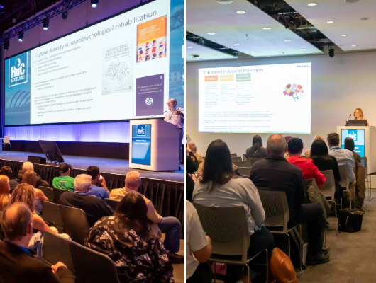 The Professional Space and Supportive Space at the National Head Injury Conference - two images next to each other of people speaking in each space at a podium - we can see backs of heads of people in the audience listening to the talks.