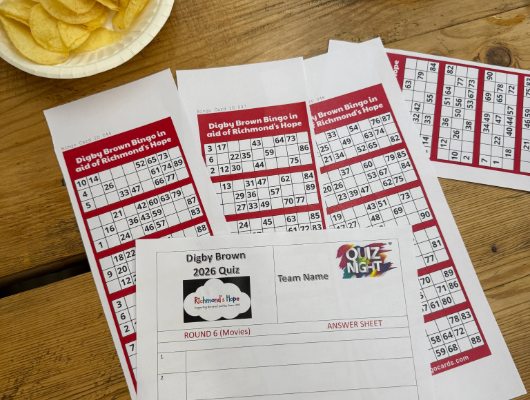 Quiz sheet and bingo cards for the Glasgow office charity quiz night 2026