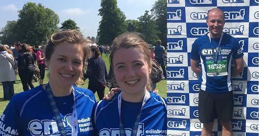 Kim Catterall, Rachel Black and Edward Ferguson at the end of the Edinburgh Marathon Festival relay.