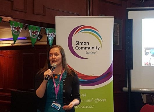 Jenna Ingram from Simon Community Scotland starts the Digby Brown race night in Glasgow