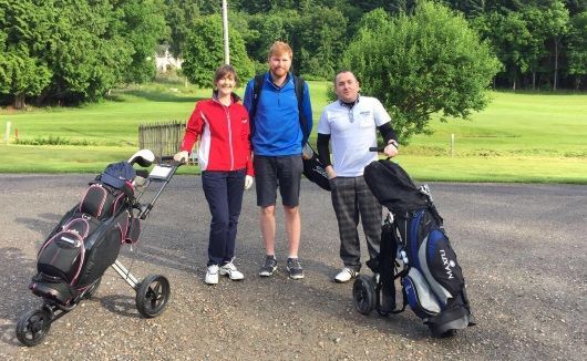 David McGowan, Ewen Reid and Sarah Newman (right to left) from Digby Brown Inverness taking part in Macmillan Longest Day Golf Challenge