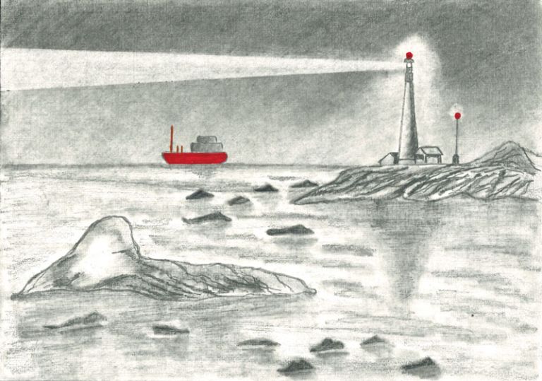 February Calendar picture- a lighthouse in greyscale with a red boat