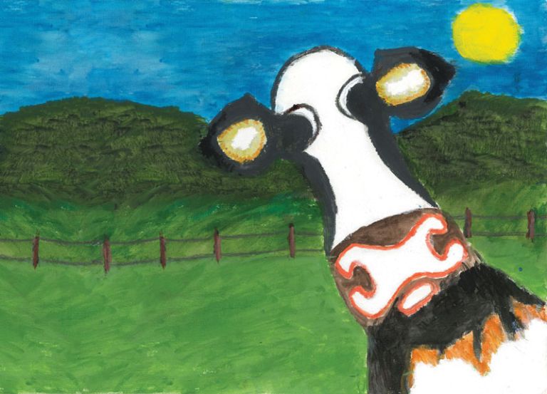 A drawing of a cow in a field