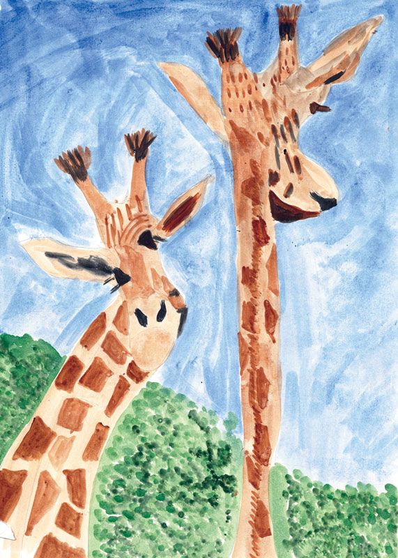 A drawing of two giraffes