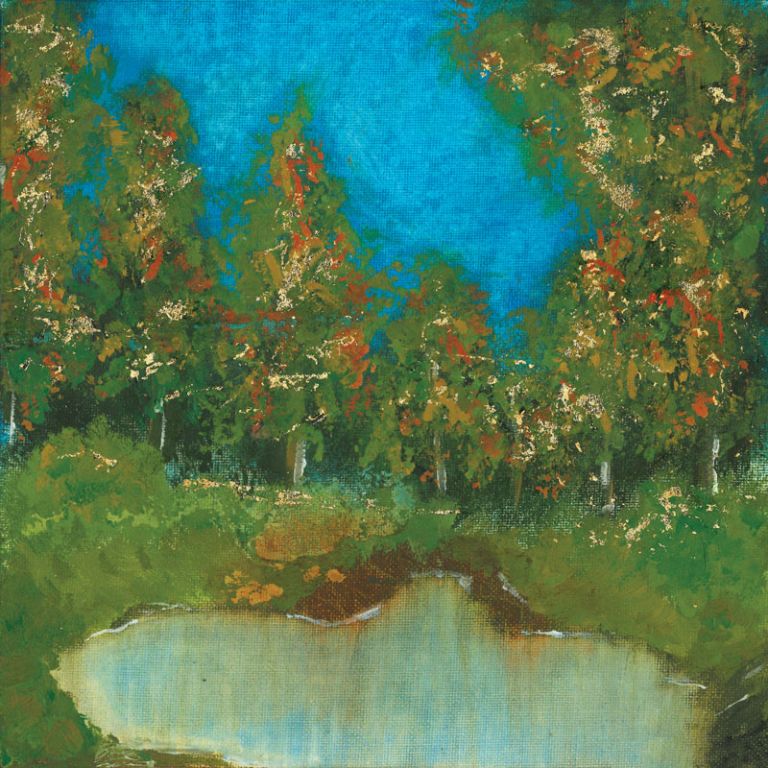 A woodland scene with a lake