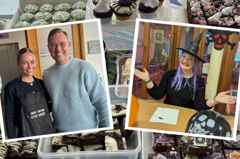 Halloween bakes on a table with two images overlayed. One of two people one of which is wearing a black apron which says Digby Brown Star Baker and the other image is of Ashleigh from our Edinburgh office wearing a witches hat, black dress and purple wig.