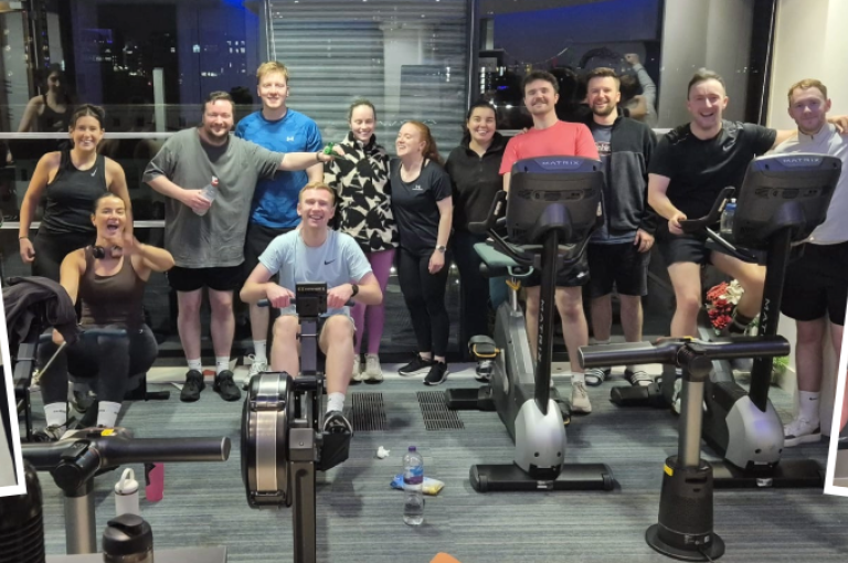 Glasgow staff pose for a picture wearing gym gear amid their 16-hour endurance challenge
