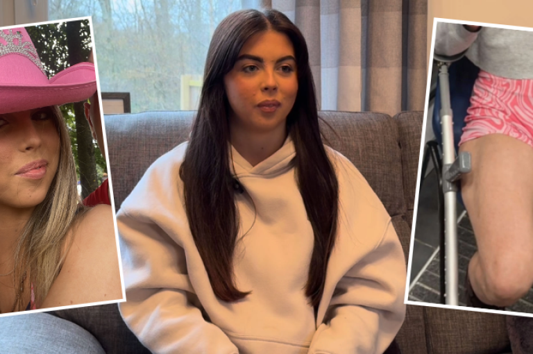 Image shows Jessica sitting on a couch wearing a white hoodie. Two images are overlayed - left is Jessica wearing a pink cowboy hat at TRNSMT festival and the right image shows her leg in a supportive brace after she was involved in a crowd crush