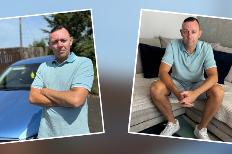 Scott Troy pictured standing next to his blue car then pictured sitting on his couch looking into camera.