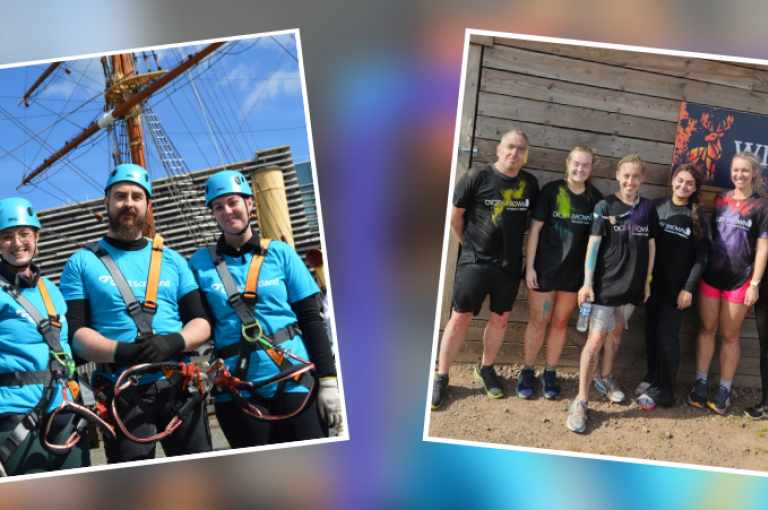Digby Brown staff pictured on the left at the Dundee Mast Climb and on the right at the Rainbow Obstacle Run