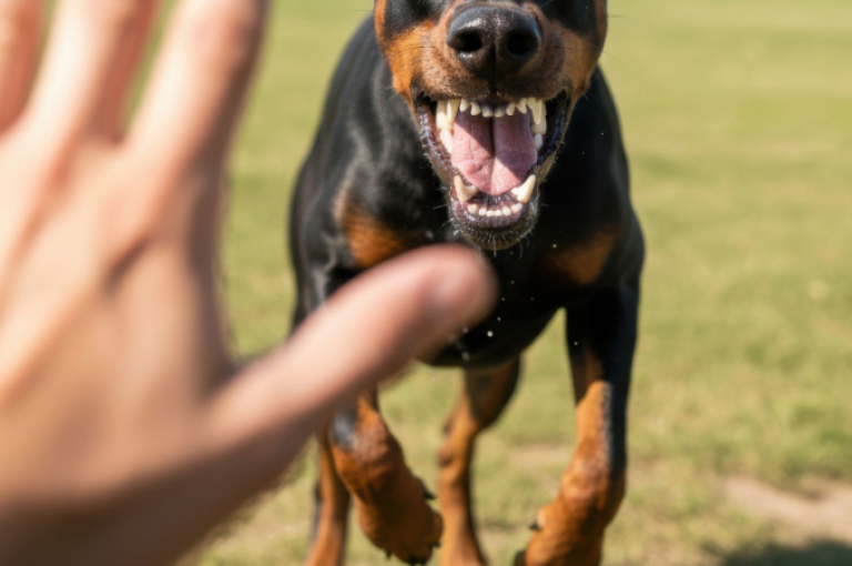 A dog is pictured barking and approaching someone's hand.