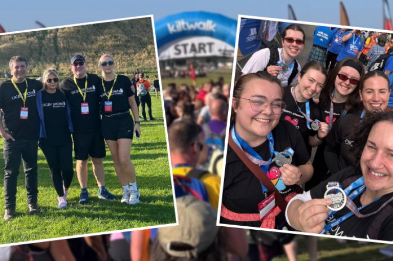 Edinburgh Kiltwalk - left image shows Kirkcaldy staff standing together and right image shows Edinburgh staff standing together at the finish line holding their medals and smiling