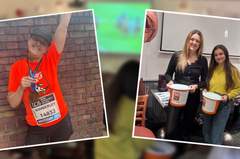 Image on right shows two Aberdeen staff shown holding fundraising buckets for Charlie House, image on left shows Kimberley from our Aberdeen office holding her medal and smiling after completing the Amsterdam Marathon