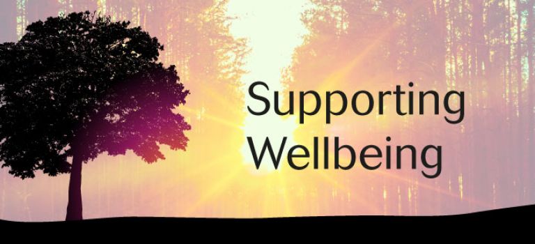Sun coming through trees with text Supporting Wellbeing 