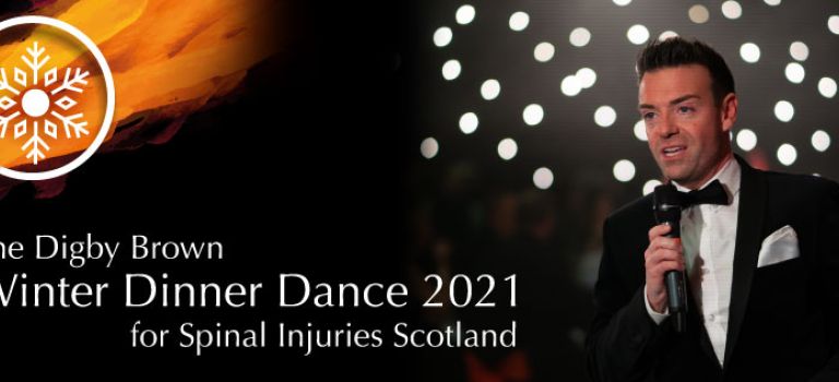 Des Clark hosting the 2021 Winter Dinner Dance alongside a snowflake with orange colours behind.