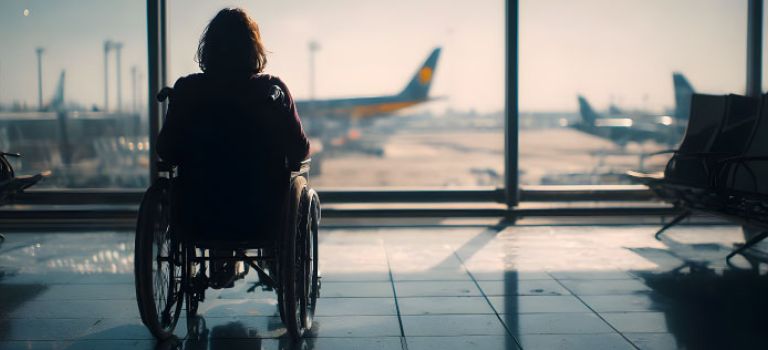 Person in wheelchair struggling with understanding their air travel rights.