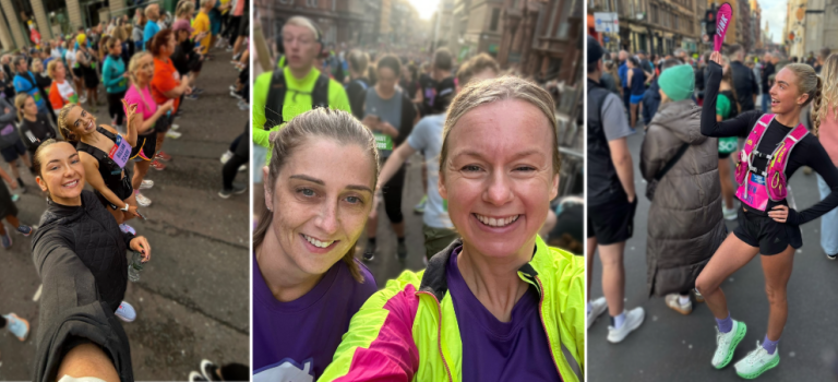 Three pictures of runners at the start line of the Great Scottish Run