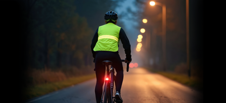 Night cyclist rides along road wearing reflective safety vest. Back view of cyclist illuminated by street lights.