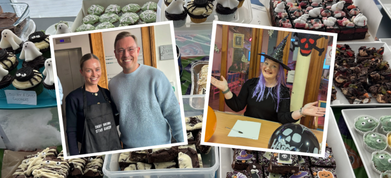 Halloween bakes on a table with two images overlayed. One of two people one of which is wearing a black apron which says Digby Brown Star Baker and the other image is of Ashleigh from our Edinburgh office wearing a witches hat, black dress and purple wig.