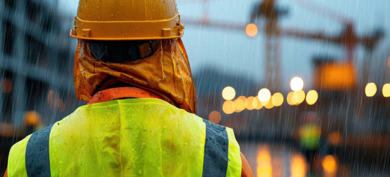 A construction worker looking out onto the building site - rain is coming down heavily
