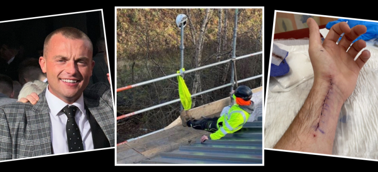 Three images with white borders on a black background - first picture shows a young male wearing a grey suit, second image shows a roofer sitting on a roof demonstrating how he slid down and injured himself, third picture shows an arm with stitches along the forearm.