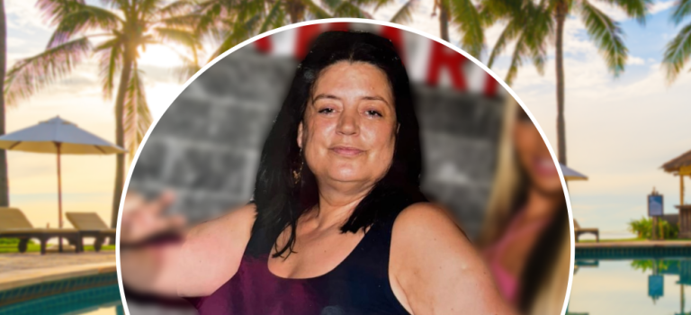 The image shows a woman with dark brown hair wearing a black tank top, this is overlayed on a blurred image of a hotel pool with sun loungers and palm trees.