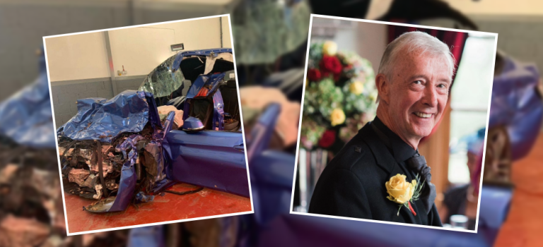 A picture of a blue car post-crash