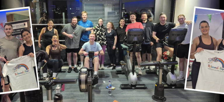 Glasgow staff pose for a picture wearing gym gear amid their 16-hour endurance challenge