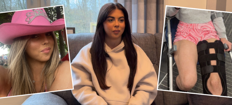 Image shows Jessica sitting on a couch wearing a white hoodie. Two images are overlayed - left is Jessica wearing a pink cowboy hat at TRNSMT festival and the right image shows her leg in a supportive brace after she was involved in a crowd crush