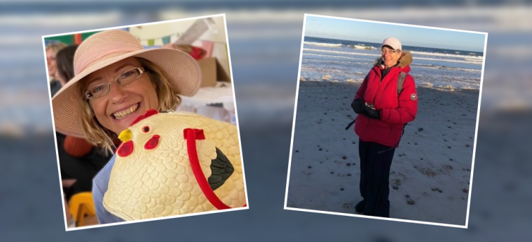 Image shows two pictures of Jane Davey, both of her smiling to camera