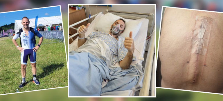 Roger shown on the left at a triathlon event pre accident, shown in the middle in hospital after his accident smiling wearing a ventilator, his spine is shown on the right with a lengthy scar